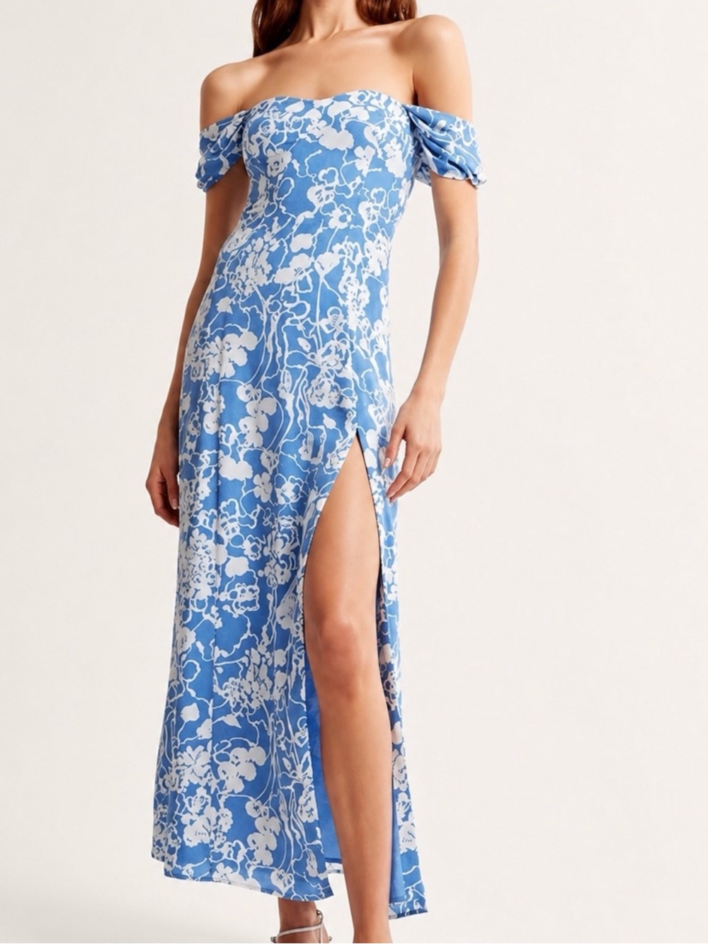 Abercrombie & Fitch Blue and White One-Shoulder Floral Maxi Dress with High Slit